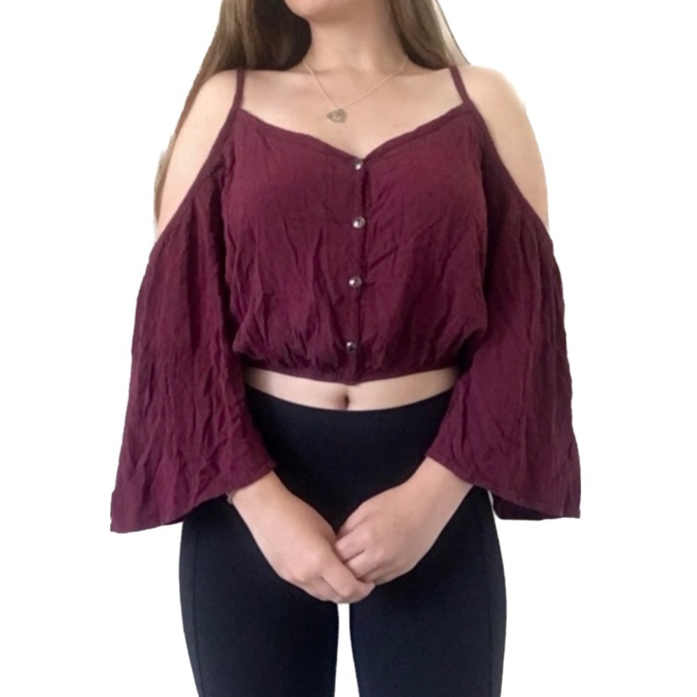 L.A. Hearts Burgundy Maroon Cold Shoulder Crop Top with Long Flared Bell Sleeves